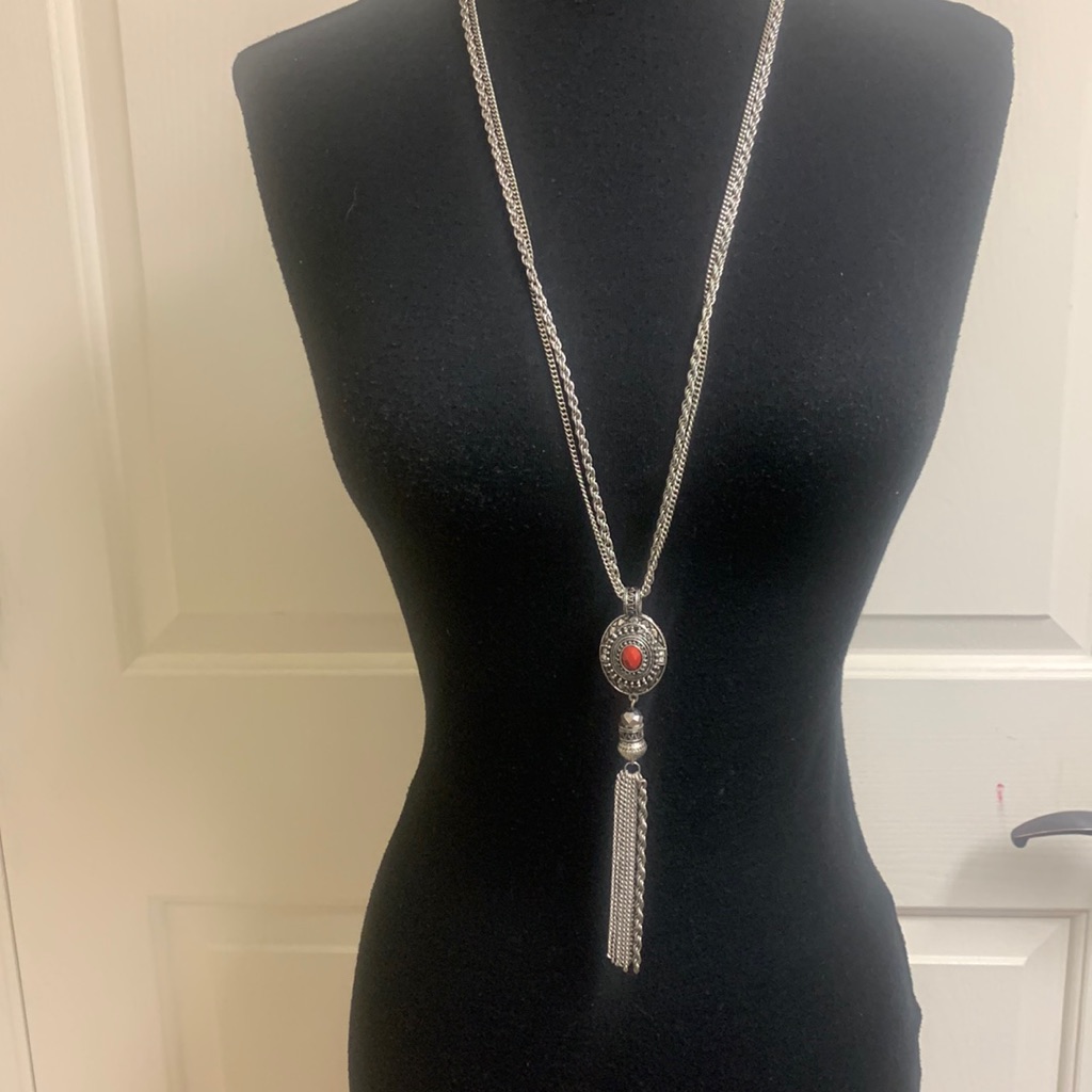 Nwt Color 2 Strand Silver Necklace With A Red Accent Piece